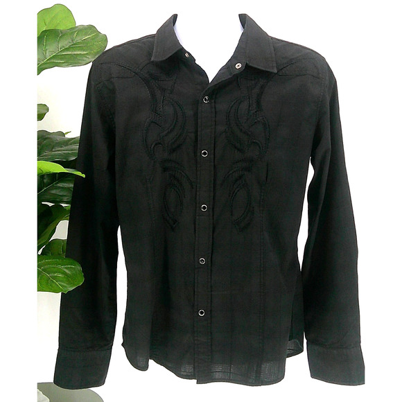 Pop Icon Clothing Men's Black Cross Embroidered Casual SnapButton Up Shirt Large - Picture 1 of 9